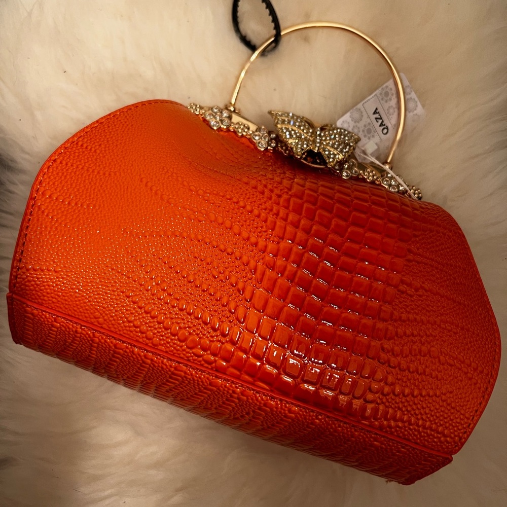 Croc pattern butterfly rhinestone evening bag elegant orange gold hardware - Picture 2 of 6